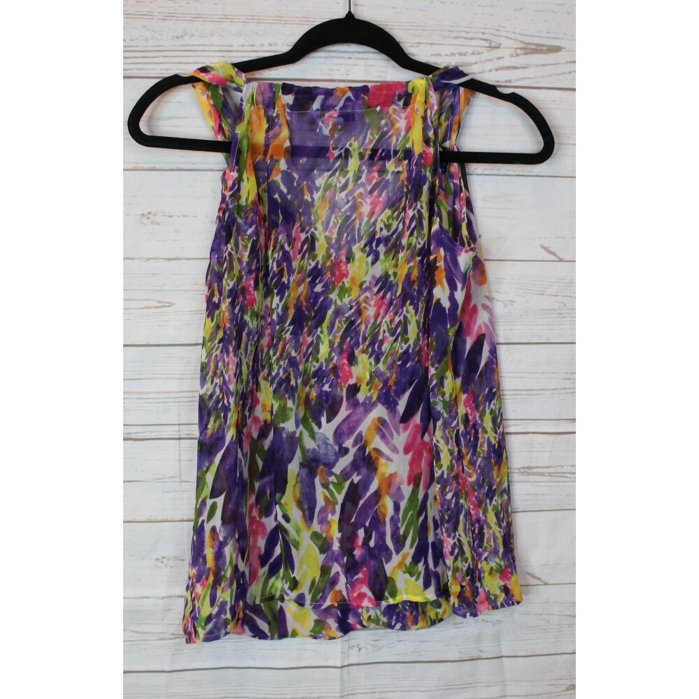 CAbi Petals Top #730 XS Watercolor Floral Sheer Faux Wrap Sleeveless Blouse - Picture 3 of 6